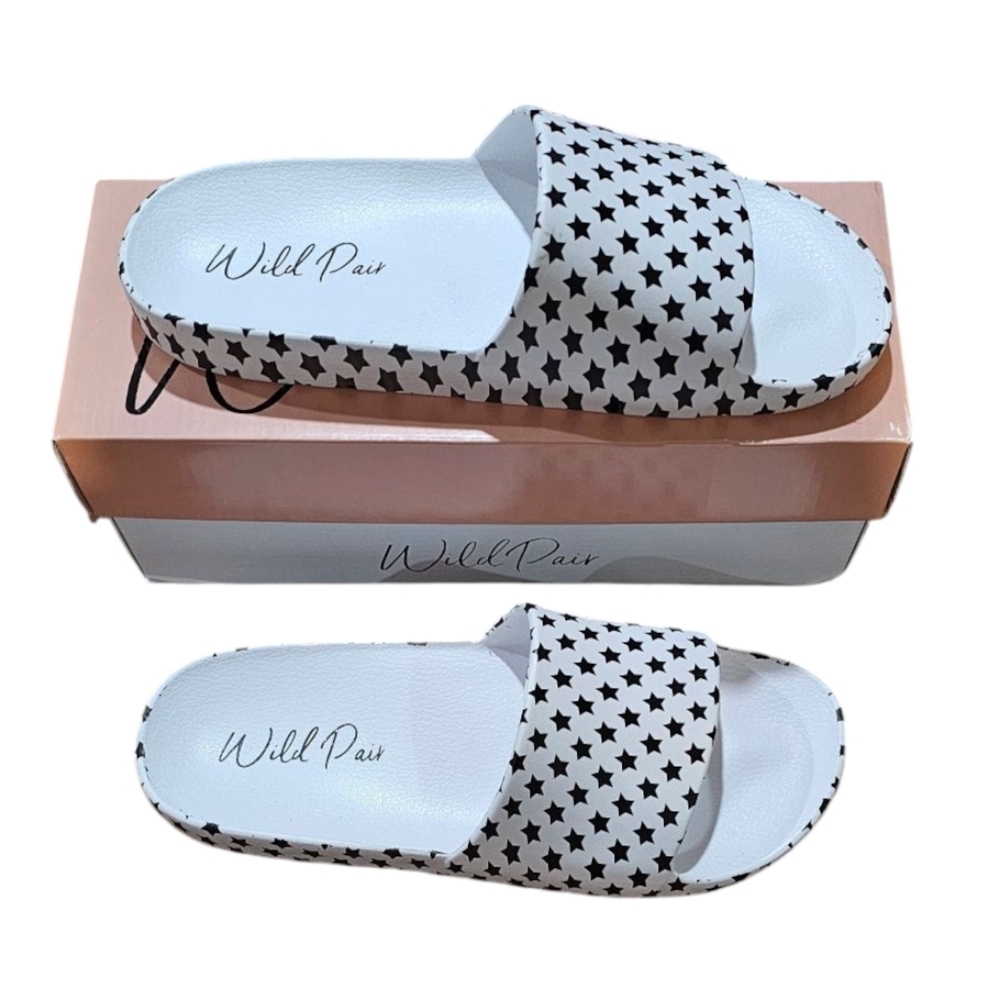 Wild Pair - NEW White Star Pattern Open Toe Pool Slides - Picture 3 of 6